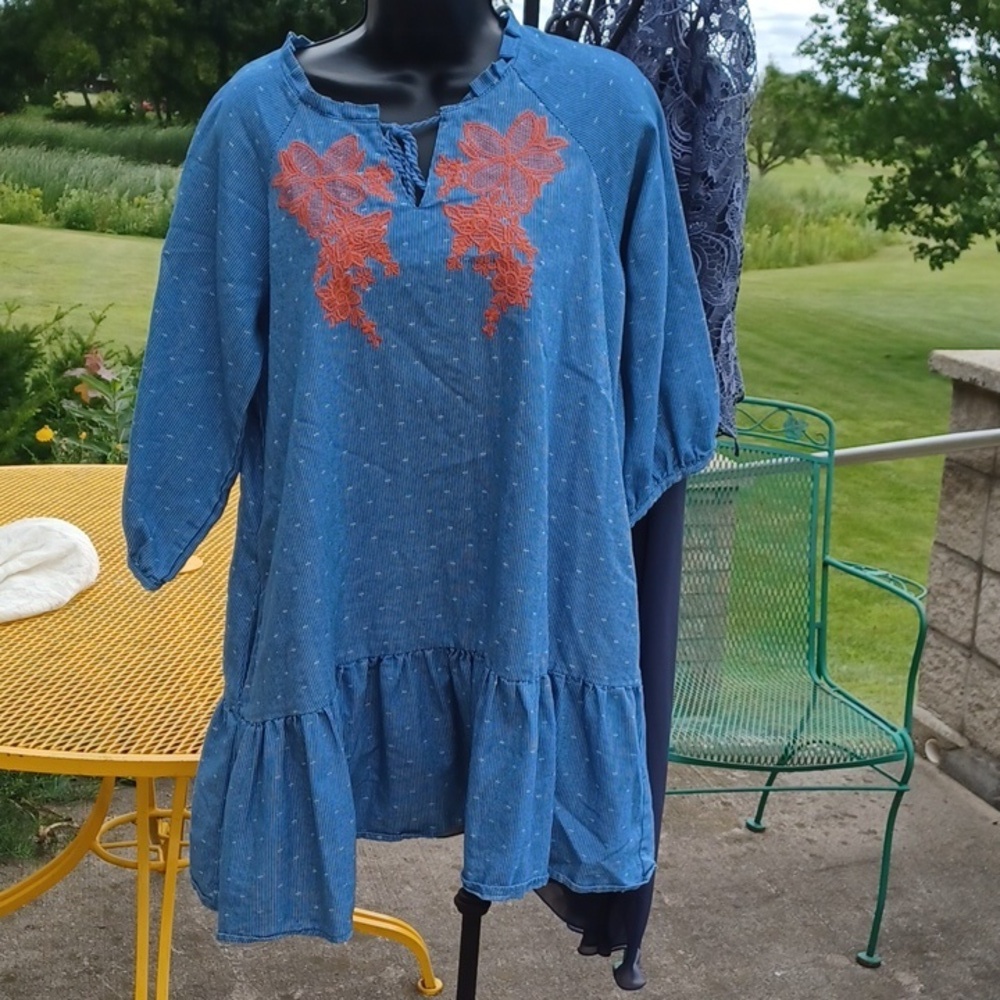 mittoshop denim blue embroidered Ruffle Dress Women Sz M